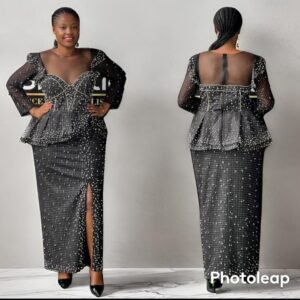 black pearled dress with peplum