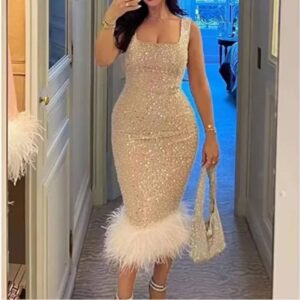 glitter sleevless dress bottom fur  champagne medium