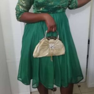 green prim flared dress gold detail large
