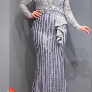 silver grey sequence long dress with long sleeves silver grey 46