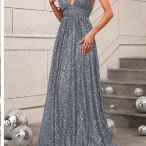 silver long flared strap dress large size large