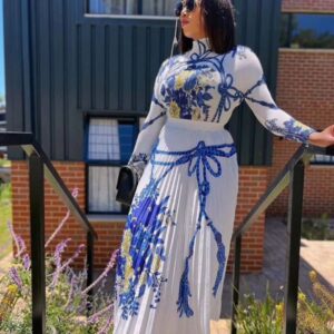 two piece skirt pleated long with long sleeve top medium